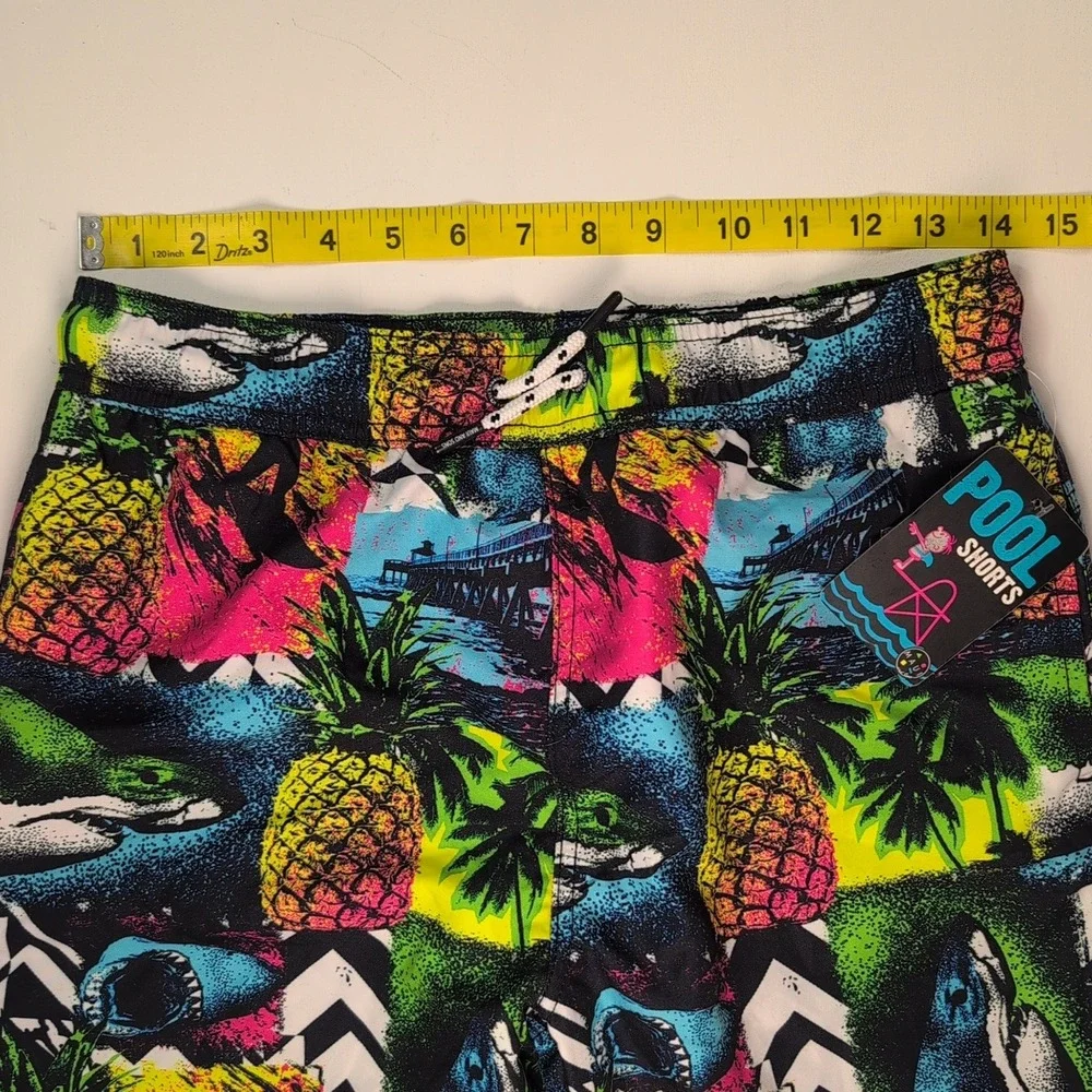 NEW Maui and Sons Boys XL 18 Pool Shorts Swim Trunks Neon Shark Pineapple Print